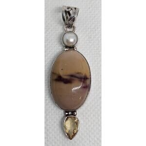 Sterling 925 Mookaite Jasper Pearl & Citrine Pendant 2" Artisan Teardrop Vintage